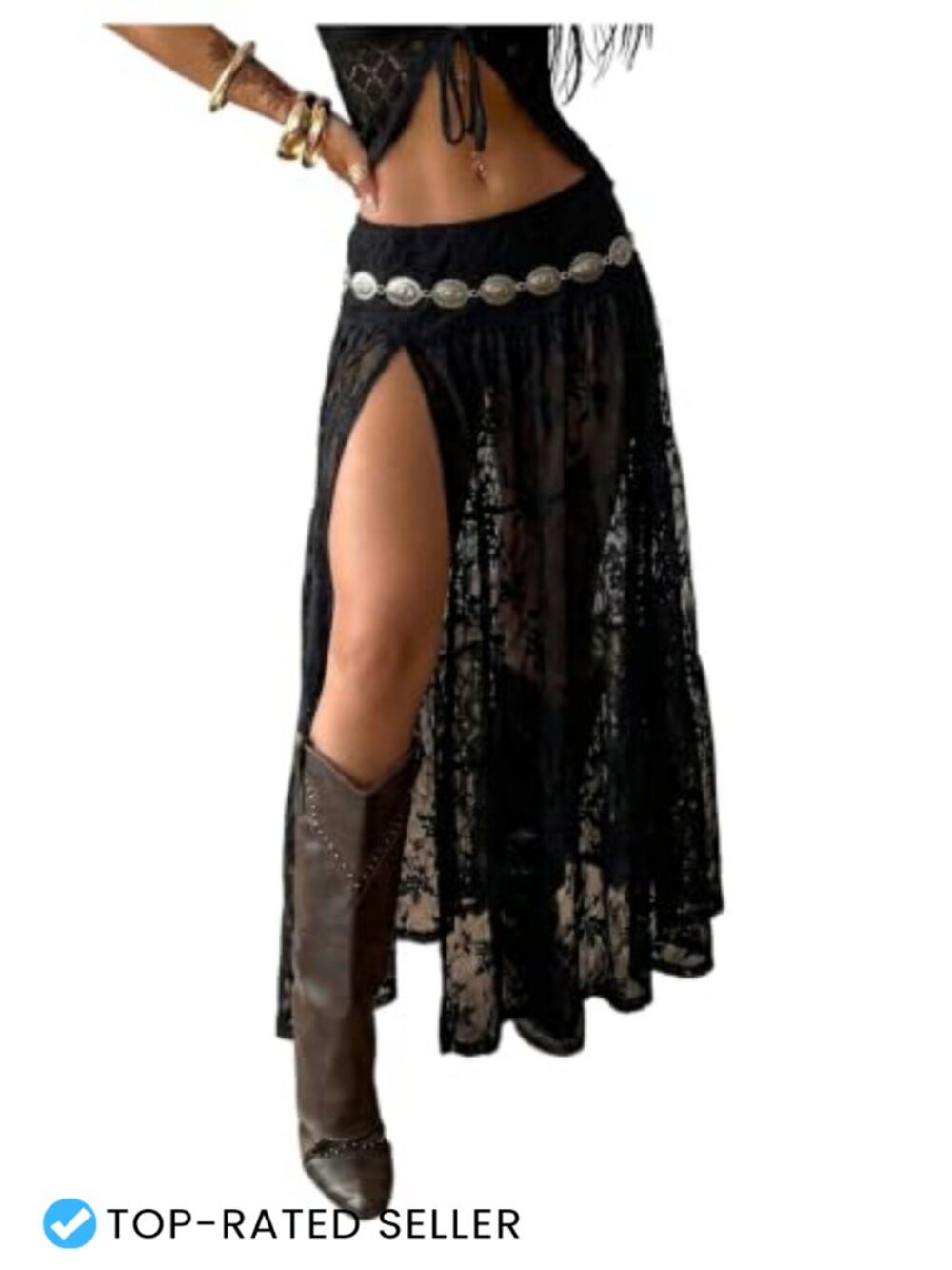 Women's Black Lace Maxi Skirt Gothic Low Rise Y2K Asymmetrical A-Line